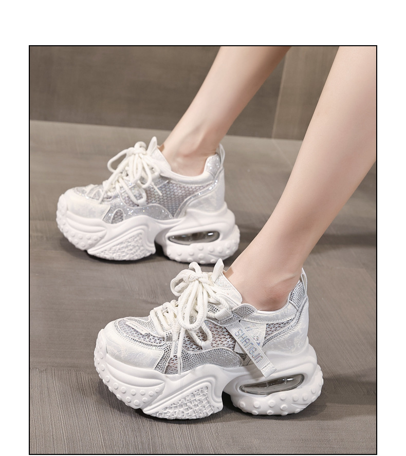 Giày sneaker nữ đế dày tăng chiều cao, mặt lưới đính đá rhinestone — Màu sắc rực rỡ bạc chi tiết 14