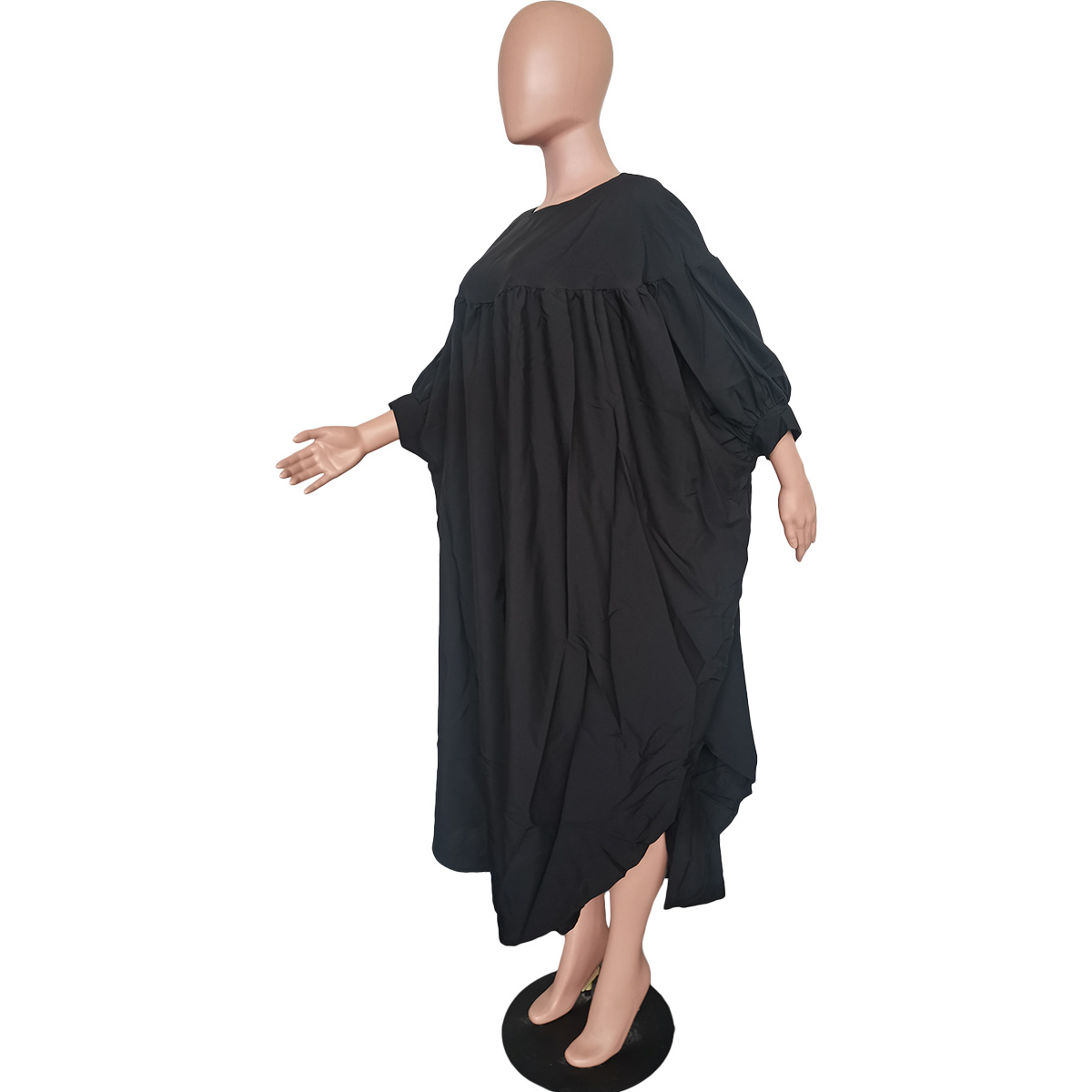 Women Clothing Autumn Winter Solid Color round Neck Loose Pleated Irregular Asymmetric Dress