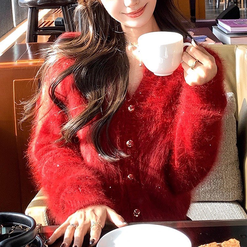French Velvet-Like Gilt "Soft Velvet Rabbit Hair Sequin Yarn Atmosphere Red Glitter Cardigan 2025 Autum New Style