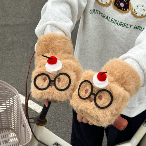 Cartoon Plush Half-Finger Foldable Gloves, New Couple Winter Thickened Student Cycling Cold-Proof Warm Cotton Gloves
