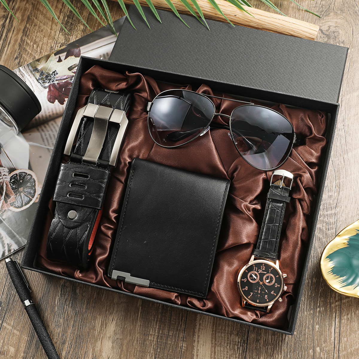 Reloj de los hombres traje de regalo de negocios Regalo de Cumpleaños de vacaciones billetera cinturón reloj gafas de sol traje 4 unids/set