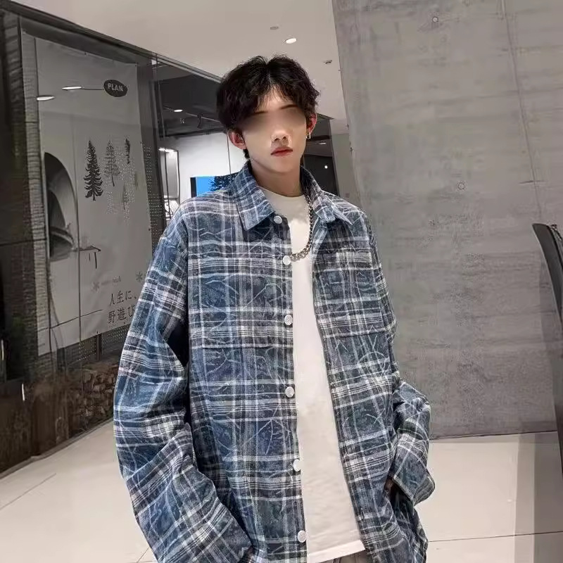 树纹水洗格子衬衫男女春季新款港风痞帅长袖衬衣青少年潮牌薄外套