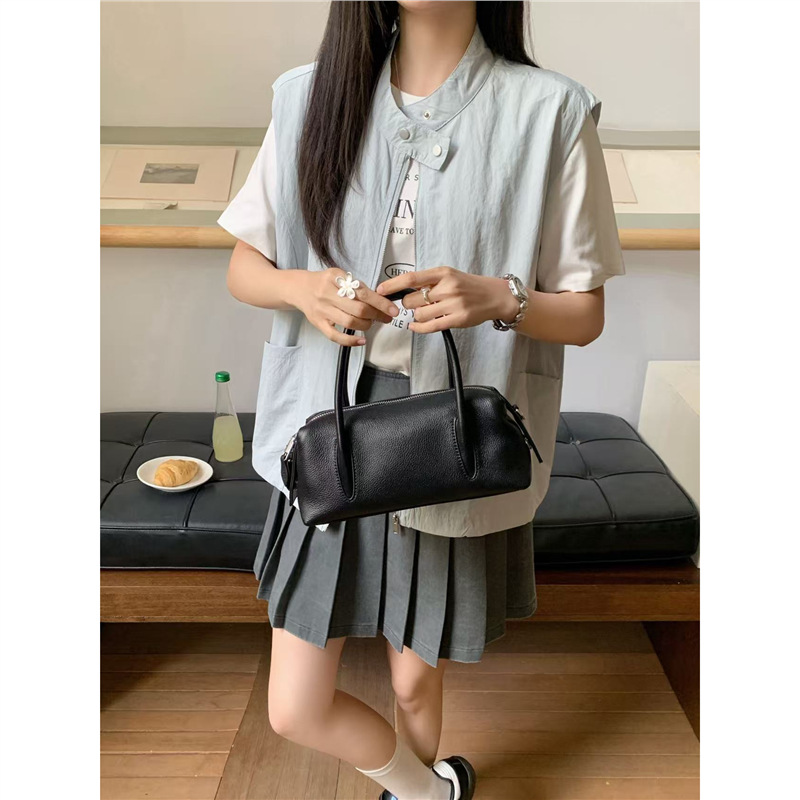 Top Grain Cowhide Lychee Grain Boston Pillow Bag For Women New Trendy Shoulder Crossbody Handbag Bowling Bag - Thumbnail 7