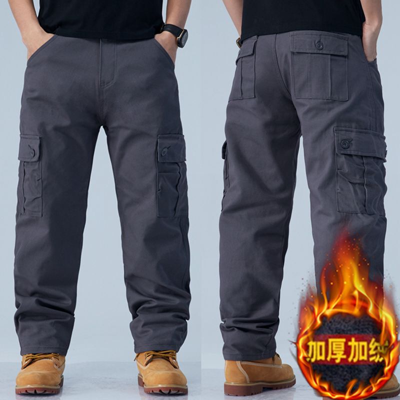 Winter fleece-lined Overalls Men's Thickened Warm Casual Pants Loose Straight Multi-Pocket Cotton Wear-Resistant Work Pants
