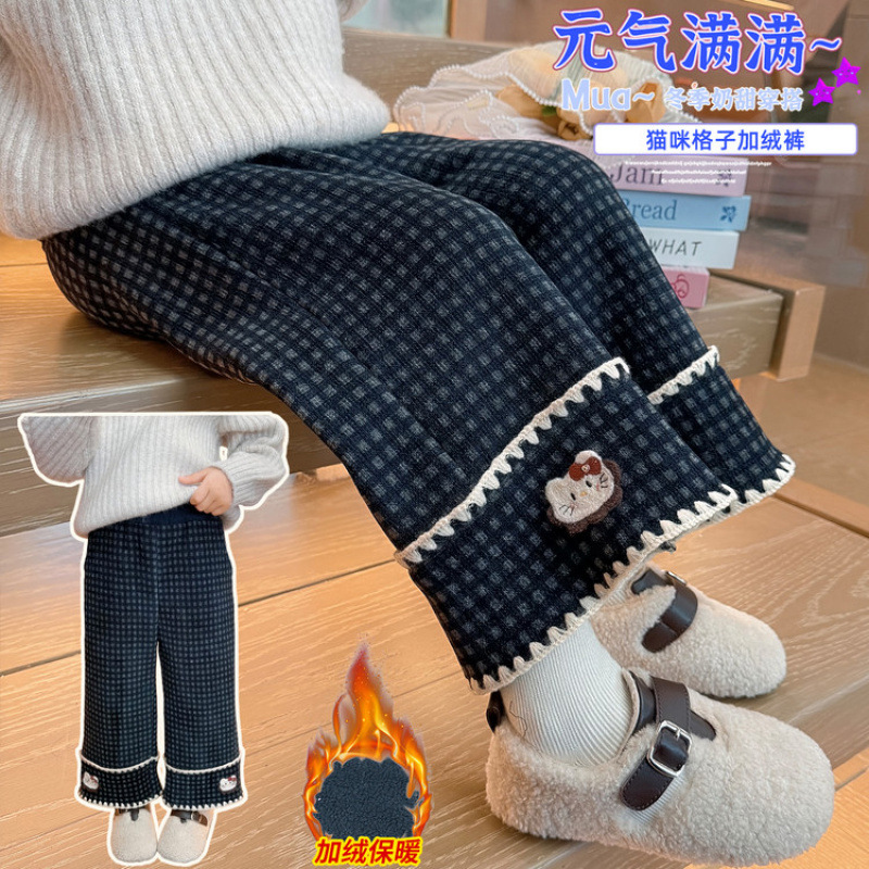 女童加绒格子裤秋冬2025新款女小童时髦花边猫咪一体绒加厚阔腿裤