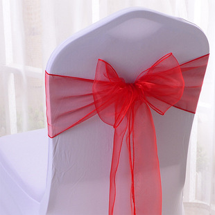 Glass Gauze with Blue and Yellow Chair Cover Straps, Chair Back Flower Elastic Chair Cover Bow, Hotel Wedding