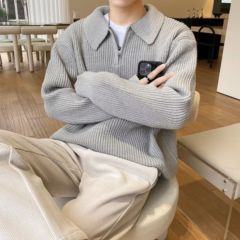 Retro coreano chic otoño e invierno estilo perezoso cuello POLO hilo suelto casual suéter de punto de manga larga para hombre