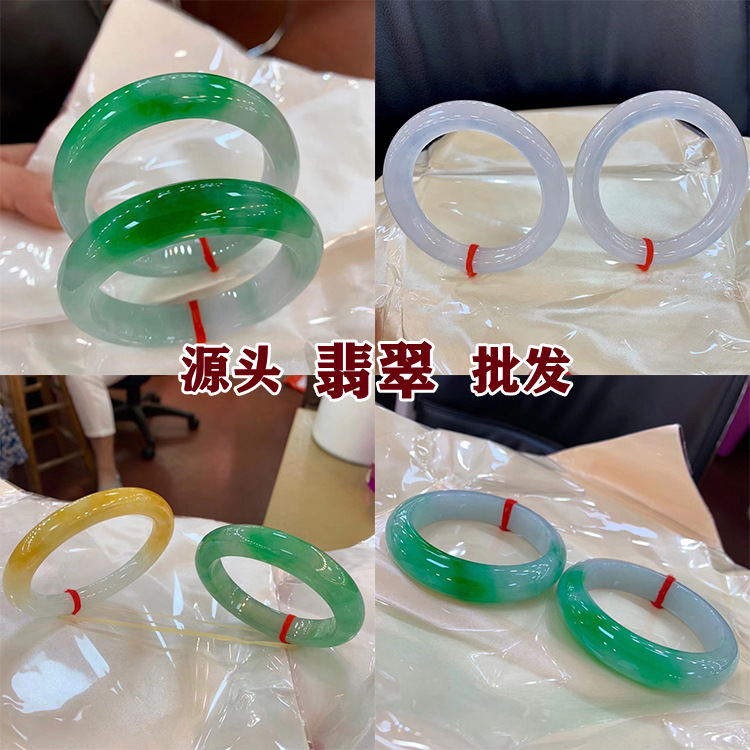 坪洲廠家 天然A貨翡翠玉手鐲 緬甸老料冰種陽綠飄花玉石手鐲批發