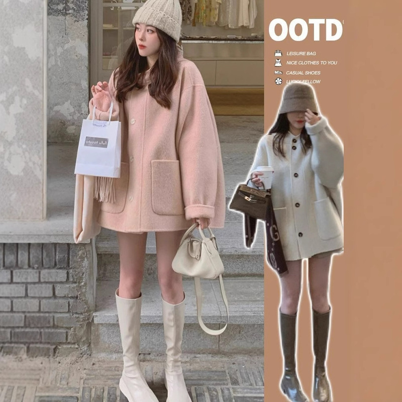 Woolen Coat Women's Mid-length New Autumn and Winter Korean Style Loose Hepburn Style Gentle Hooded Woolen Coat for Petite
