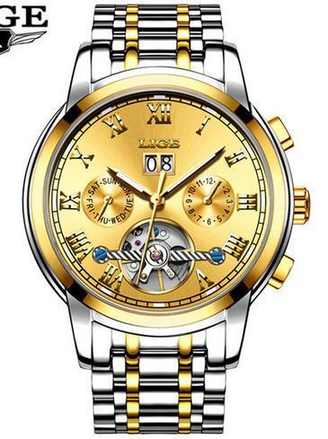 LIGE 9813 caliente-venta hueco transparente Tourbillon multifunción reloj mecánico automático correa de acero reloj de hombre