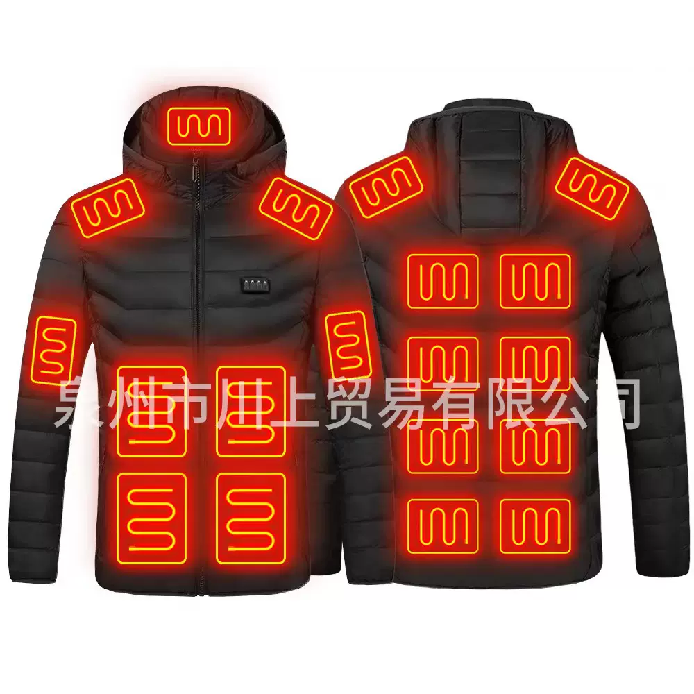 跨境爆款发热棉衣男九区连帽USB加热长袖女电热服装羽绒棉发热服1