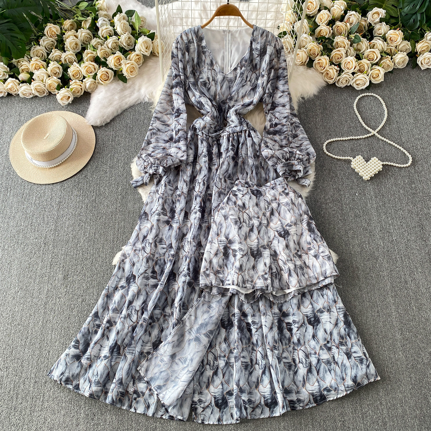 Women's French Style Chiffon Floral Print Dress Summer Korean Tie Waist Long Sleeve Slimming Maxi Dress Perfect With Leggings_ecoleips.com