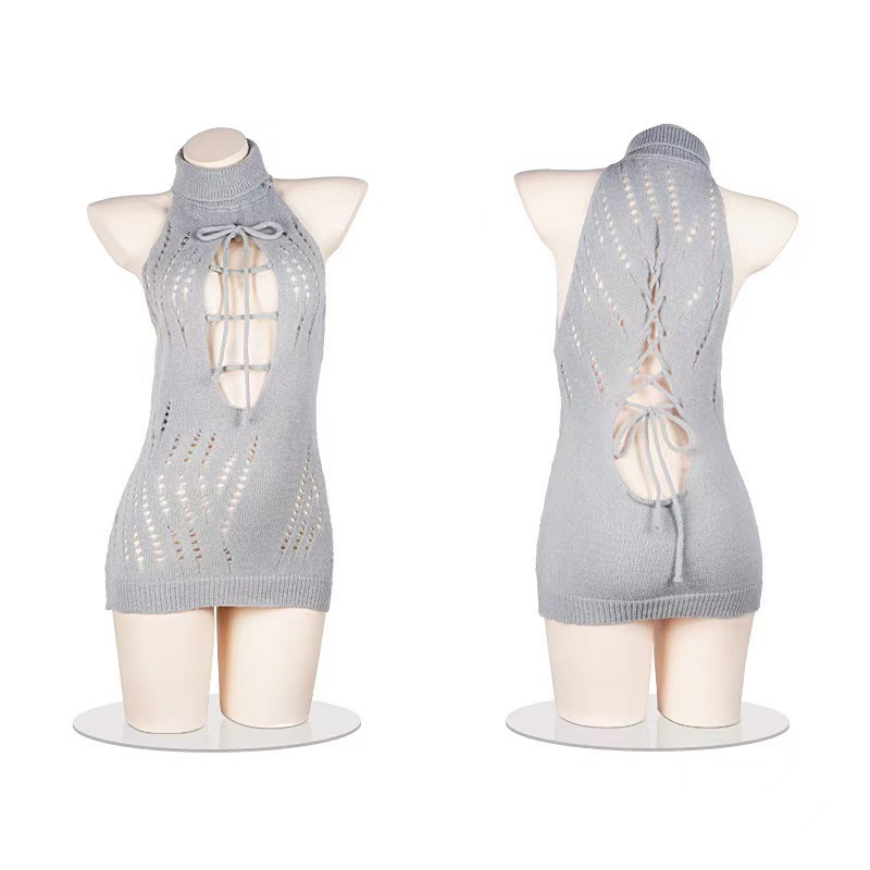 Open-Chest Knitted Sweater Dress, Hollow-Out Lace-Up High-Neck Sleeveless Sleepwear, Grey One Size — detail image 6