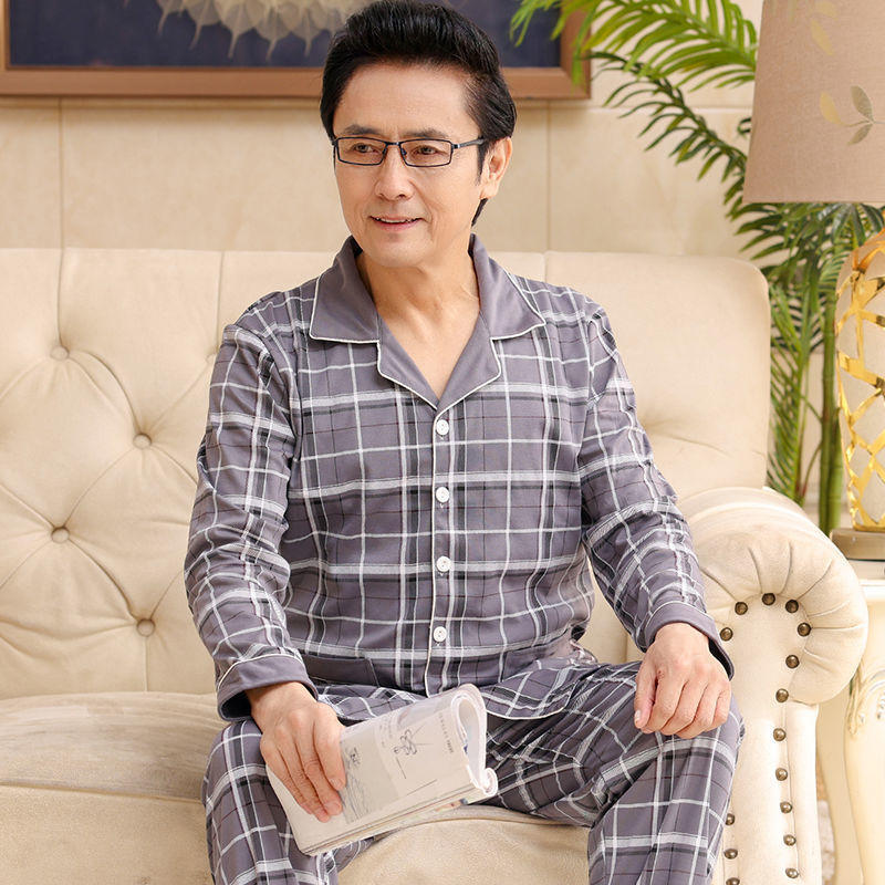 중년 남성 잠옷 면 긴팔 봄, 가을 중년 및 노인 아빠의 플러스 사이즈 가을, 겨울 가정복 세트