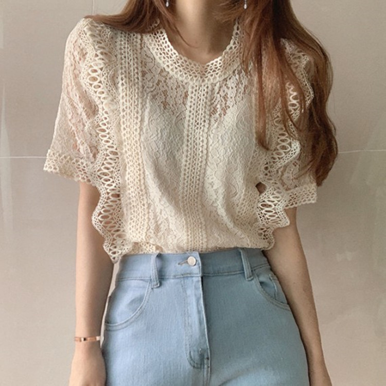 2025 Summer New Lace Shirt Women's Solid Color Round Neck Short Sleeve Crochet Hollow Loose Plaid Easiest for Match Western Style Shirt 2025 Summer New Lace Shirt Women's Solid Color Round Neck Short Sleeve Crochet Hollow Loose Plaid Easiest for Match Western Style Shirt