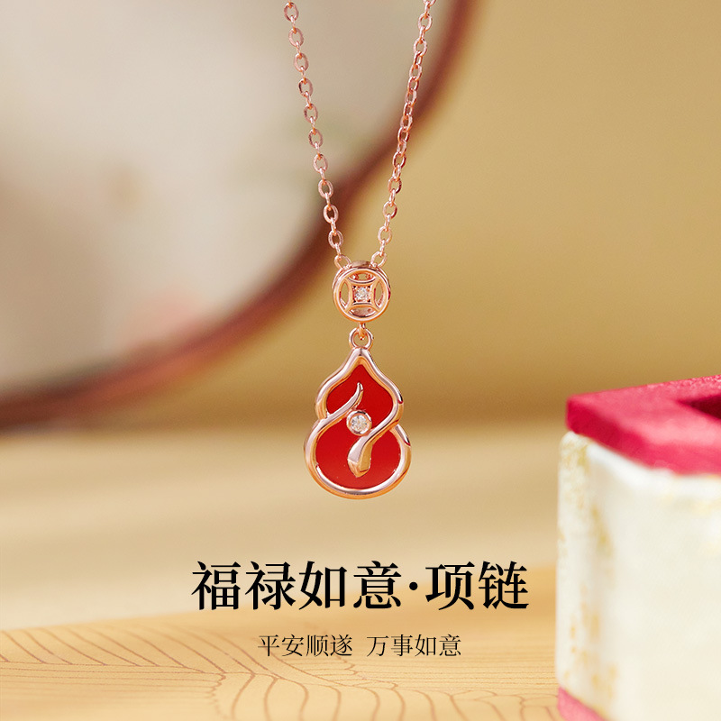 S925纯银红玛瑙蛇年葫芦项链女新中式生肖本命年锁骨链情人节礼物