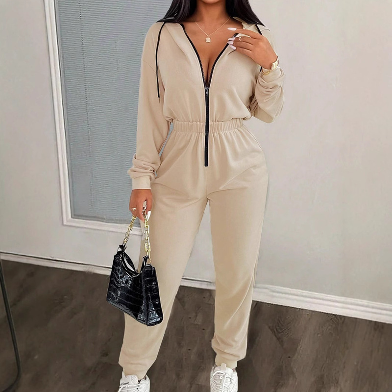 2024 Autumn and Winter Casual Drawstring Hooded Jumpsuit Women's European and American Amazon Cross-Border Fashion Jumpsuit Wholesale