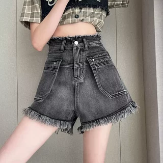 口袋设计感牛仔短裤女夏季新款高腰宽松毛边流苏阔腿裤百搭热裤子