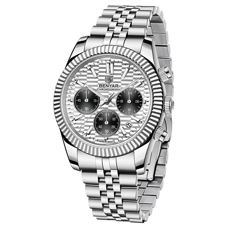 Binya benyar reloj de cuarzo de acero fino multifuncional para hombre de seis Pines de acero fino de moda luminoso impermeable calendario reloj de hombre S001