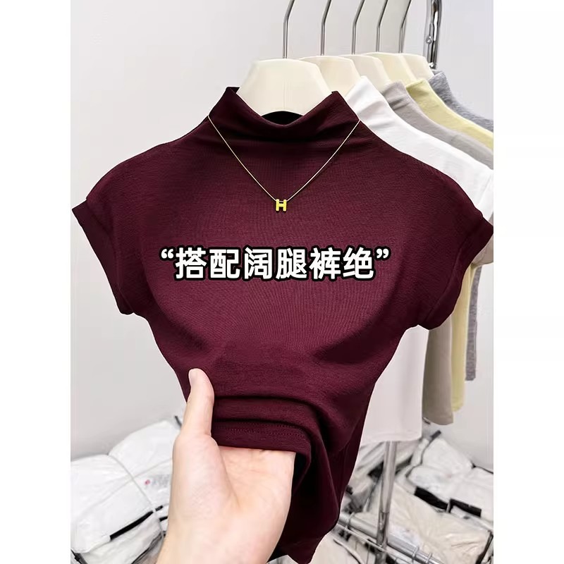 安可拉红高级感小飞袖T恤女2025新款减龄百搭修身短款上衣打底衫