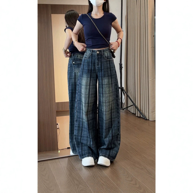 555 Autumn New Style Open-Stitch Plaid Jeans, Vintage High-Waisted, Pleated, Loose, Draped, Floor-Length Wide-Leg Trousers