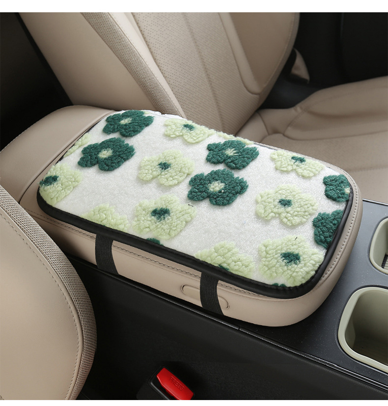 2025 Trendy Winter Lamb Wool Car Armrest Box Mat with Small Flowers in 6 Colors, Sweet Decorative Mat, Storage Bag, Protective Mat