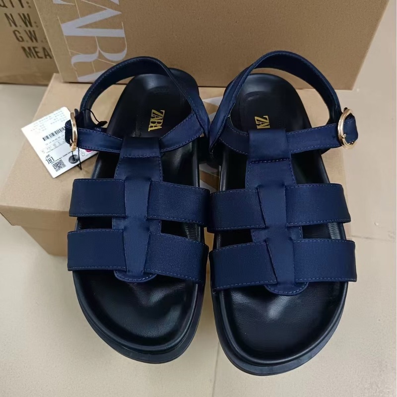 ZA 夏新製品 2024 外国貿易ラウンドトゥの女性の靴クロスストラップ浅い口金属バックル装飾多用途サンダル女性のための|undefined