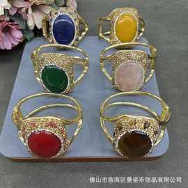 新品天然石手镯高端大气马来玉戒面镶嵌活口手环保色电镀海外首饰