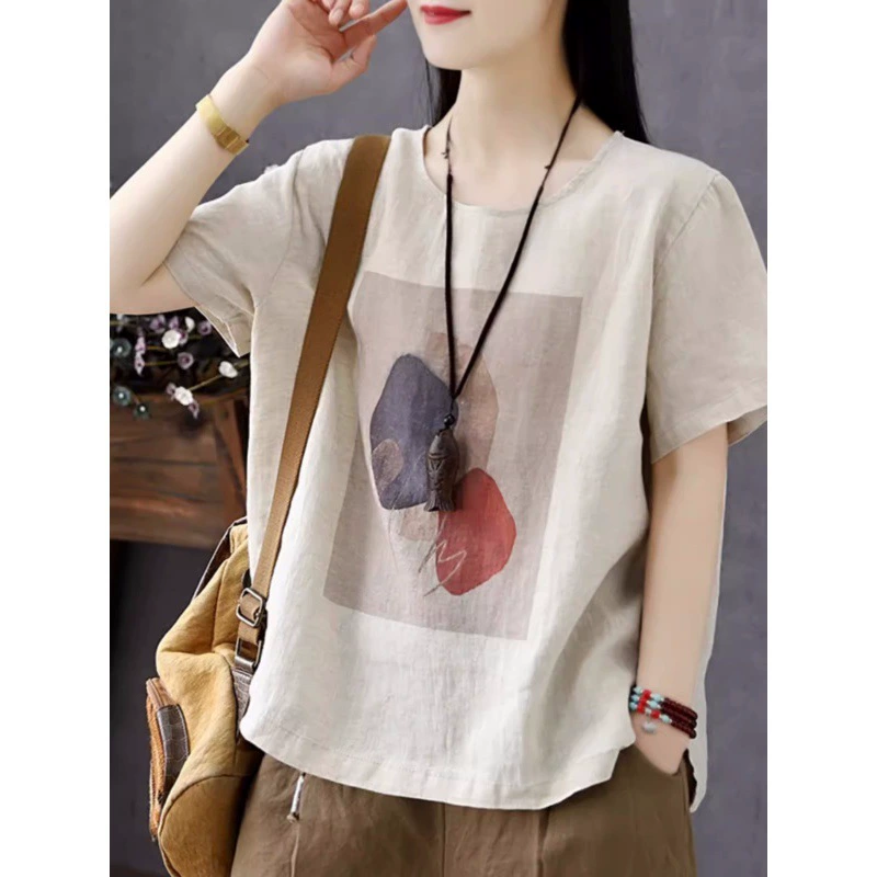Женская футболка с короткими рукавами из хлопка и льна, лето 2025, новый оригинальный топ с художественным принтом, свободная повседневная футболка для похудения для женщин
