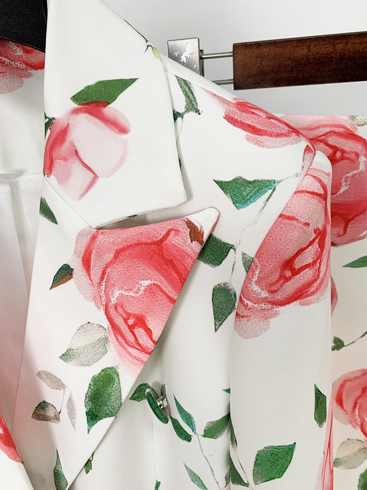 Rose Printed Double Breasted Skirt Set Two Pieces