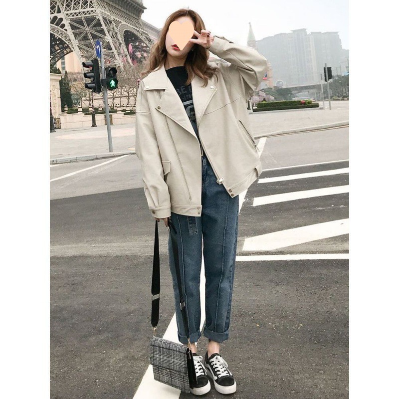Small leather coat for women slimming ins style spring and autumn Korean style loose leather jacket oversize motorcycle PU leather BF leather coat for women