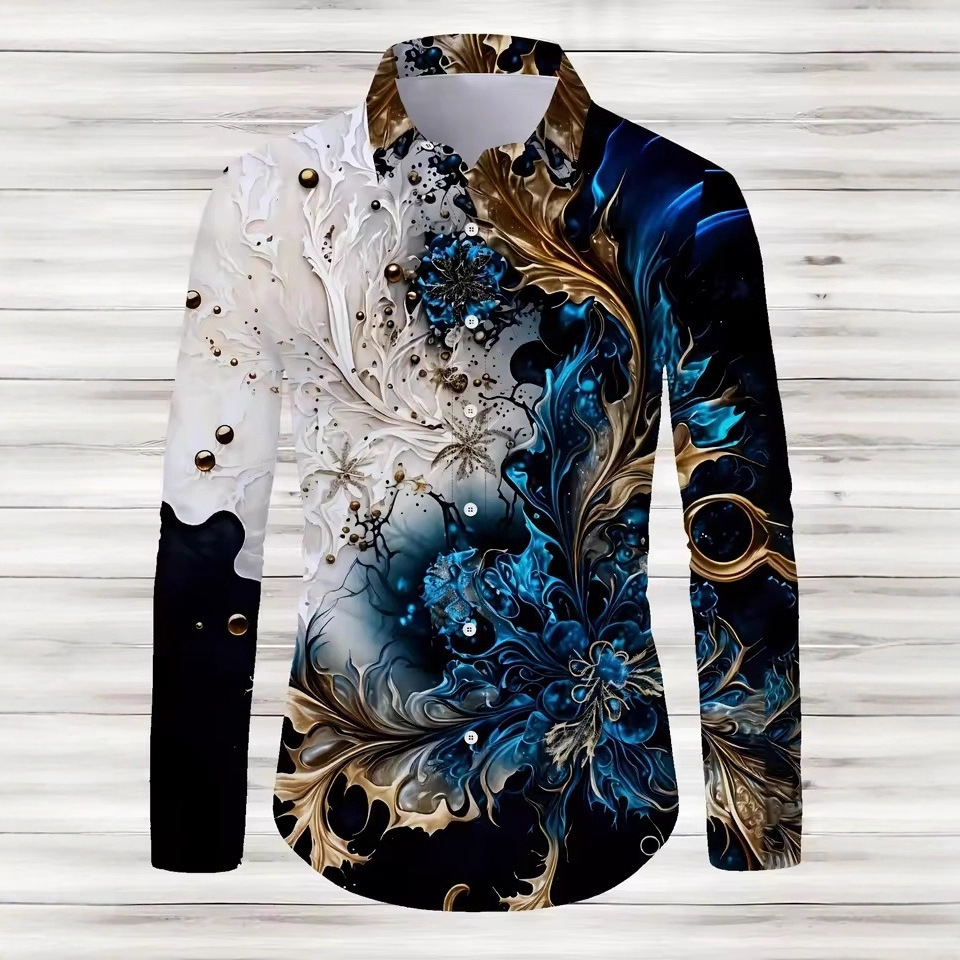 2025跨境速卖通希音男士3D印花碎花图案休闲纽扣衬衫翻领长袖衬衫