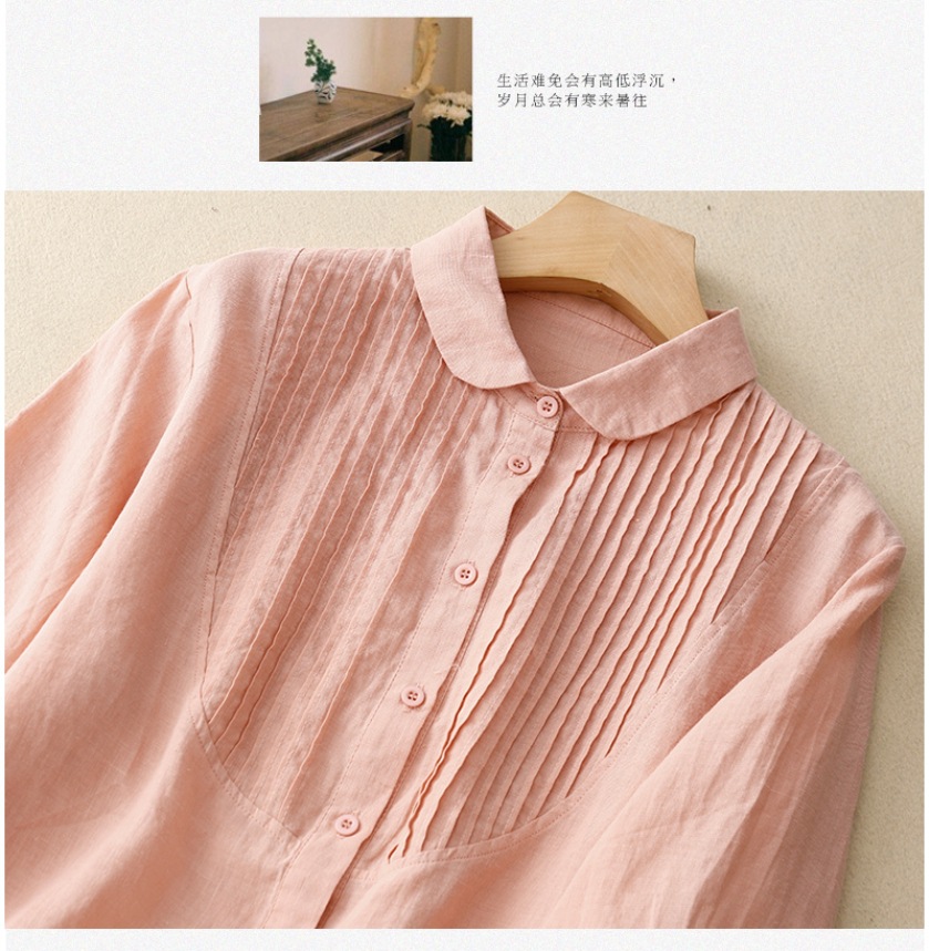Short Sleeve Sleeve Length Retro Artistic Loose Cotton Linen Shirt French Piano Pleat New Summer Style Women's Basic Shirt Pure Color Commute Fashion