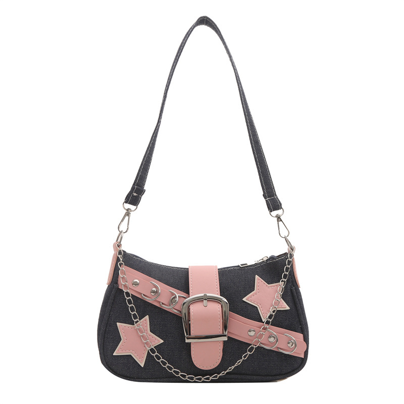 Color de contraste tendencia personalidad chica caliente 2024bags estrella nueva cadena de mezclilla casual bolso de axila de un solo hombro