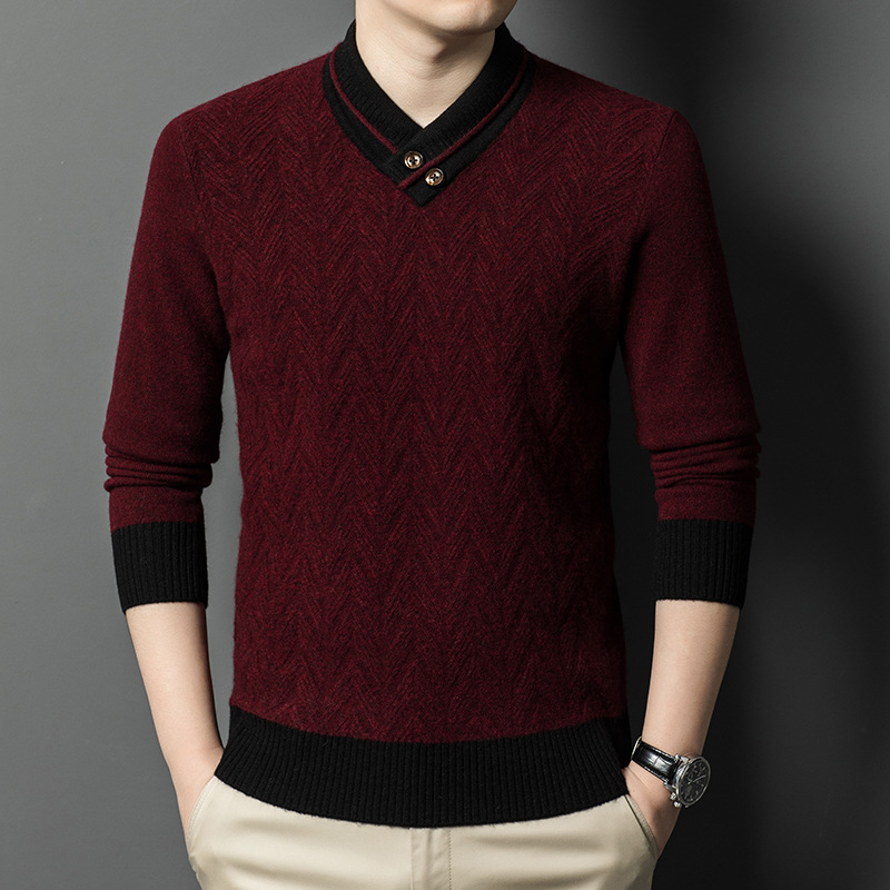 가을 | 겨울 2024 V 넥 버튼 남성 스웨터 패션 캐주얼 청소년 풀오버 니트 바닥 셔츠 남성 도매