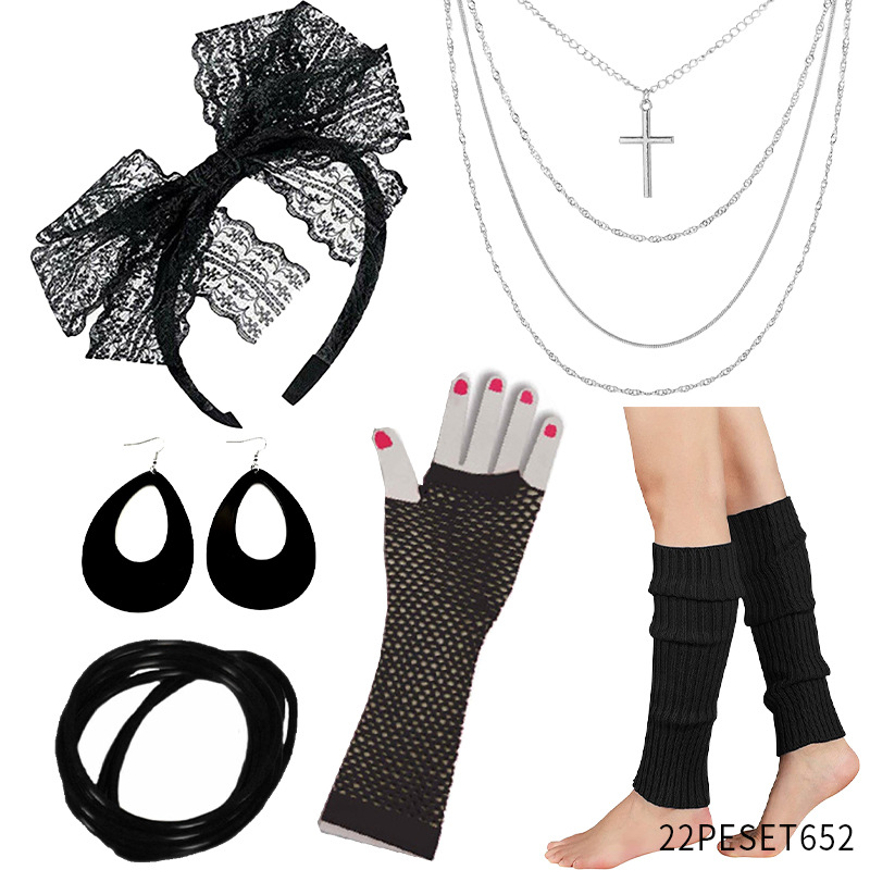 1980s rave fiesta fiesta vestido 80s collar diadema guantes rodilleras brazaletes traje de fiesta