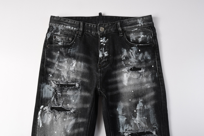 Men's Distressed Slim Fit Jeans Black Grey Washed Denim Pants with Paint Splatter And Knee Rips Streetwear Skinny Trousers_mkmklike.com