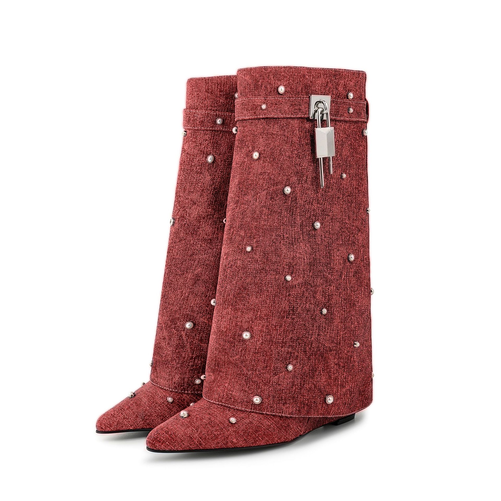 Stivali con zeppa e tacco a spillo in denim di grandi dimensioni, nuovi, con strass, a metà polpaccio, per donna_voghion.com