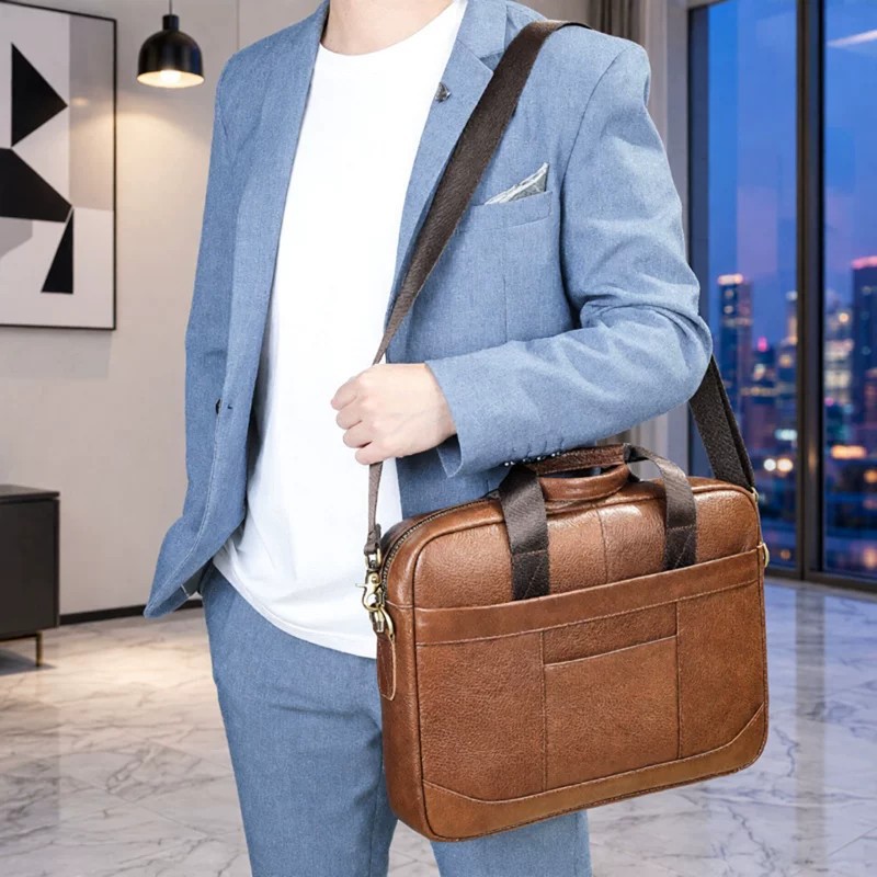 2026 New Men's Genuine Leather Business Handbag, Stylish 15-inch Large Capacity Document/Laptop Bag, Premium Cowhide Leather