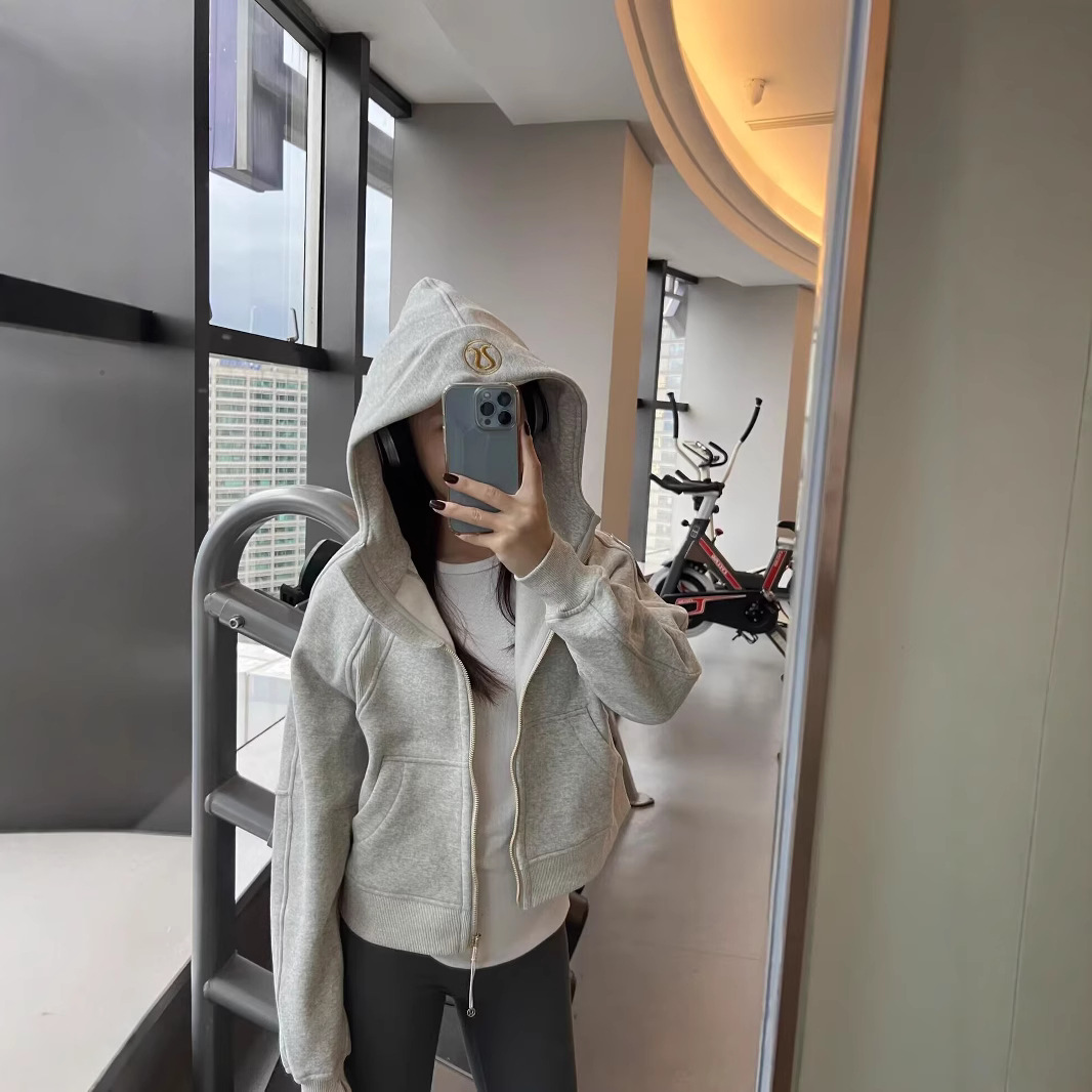 LULU SCUBA 풀 ZIP 후드 짧은 느슨한 기모 따뜻한 캐주얼 가을 및 겨울 재킷 여성용 스웨트 셔츠