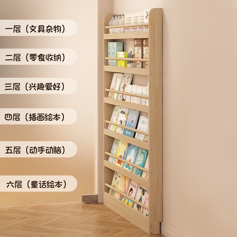 ドア後ろの本棚、自宅の寝室の棚、壁から床までの多層収納、無垢材の壁掛け子供用本棚、狭いサイドキャビネット|undefined