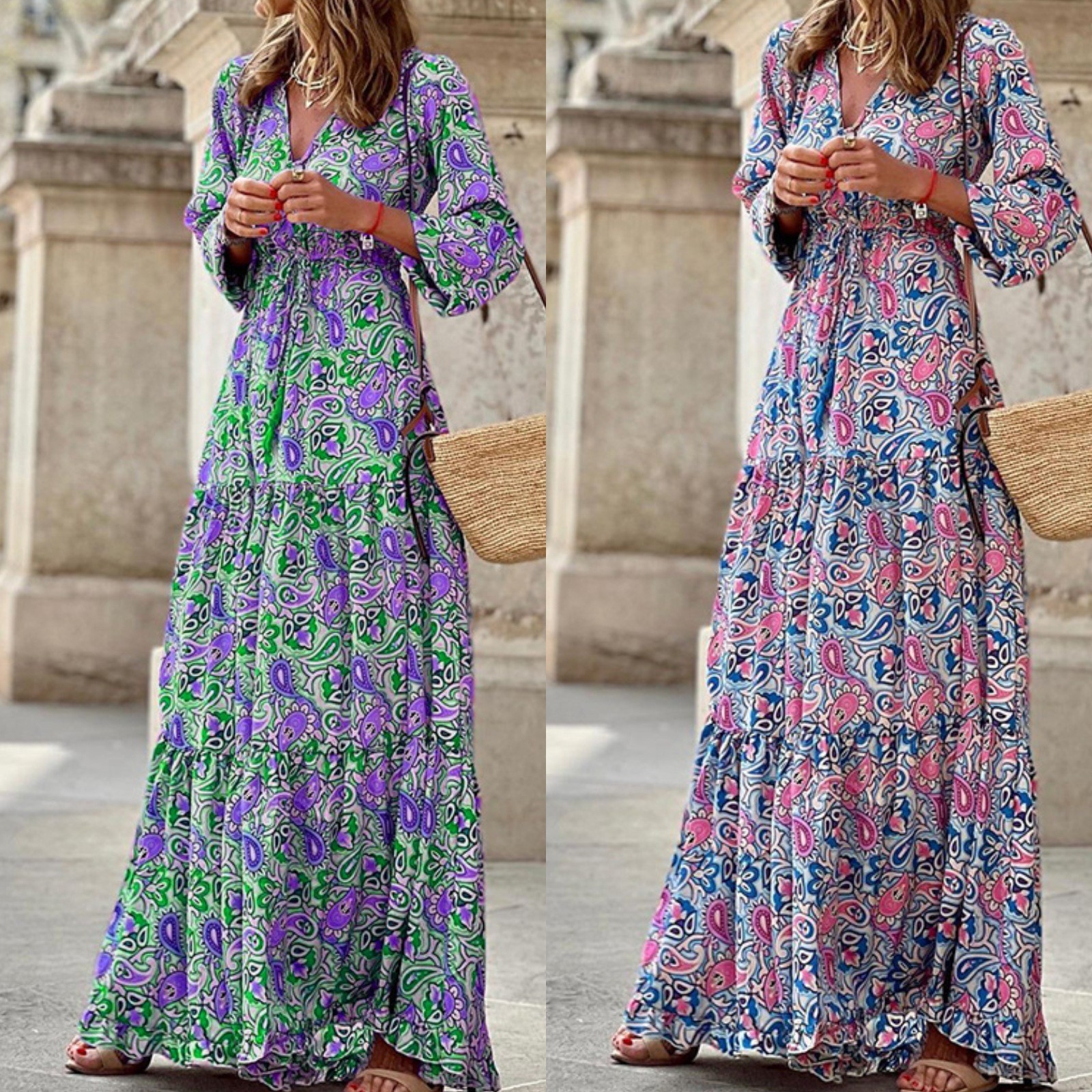 Independent Cross-Border European and American Women's Clothing 2026 Spring New Style Elegant V-Neck Bohemian Print Flared Dress