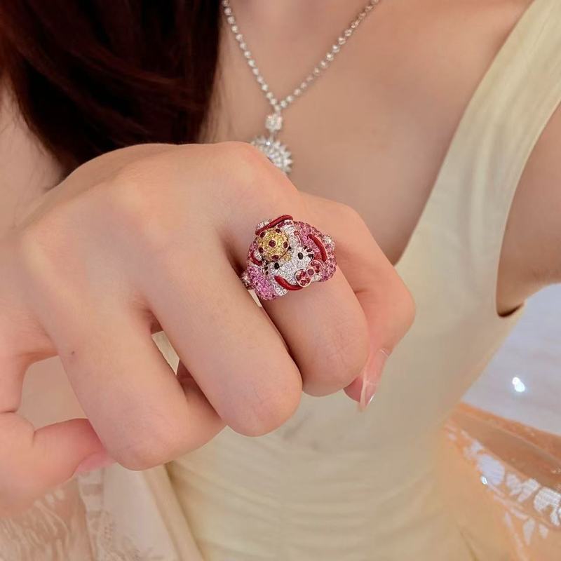 哈喽kt猫镶钻戒指女小众简约清新气质甜美可爱少女心卡通时尚戒指|undefined