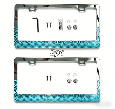 Diamond-Encrusted Stainless Steel License Plate Frame: License plate holder/license plate holder - aqua-blue-2pcs