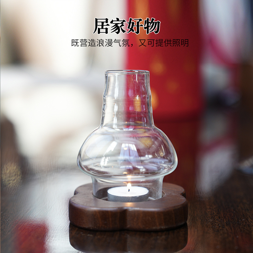 Candelabro japonés de madera maciza de vidrio a prueba de viento, lámpara Zen retro para el hogar, pantalla de vela a prueba de viento, mesa de centro, mesa de comedor, adornos chinos