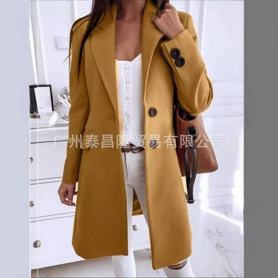 Wish Amazon Европейская и Американская внешняя торговля отворот сплошной цвет тонкий модный пригородной дамой шерстяное пальто средней длиной