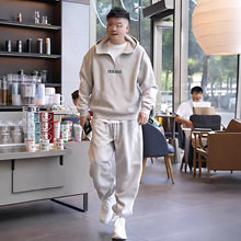 秋冬新款字母刺绣加绒休闲运动套装男美式重磅连帽半拉链卫衣卫裤