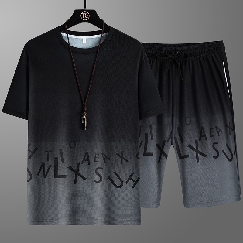 Transfronterizo verano nuevo conjunto de gradiente delgado seda de hielo guapo ropa de manga corta camiseta pantalones cortos deportivos ropa casual para hombres