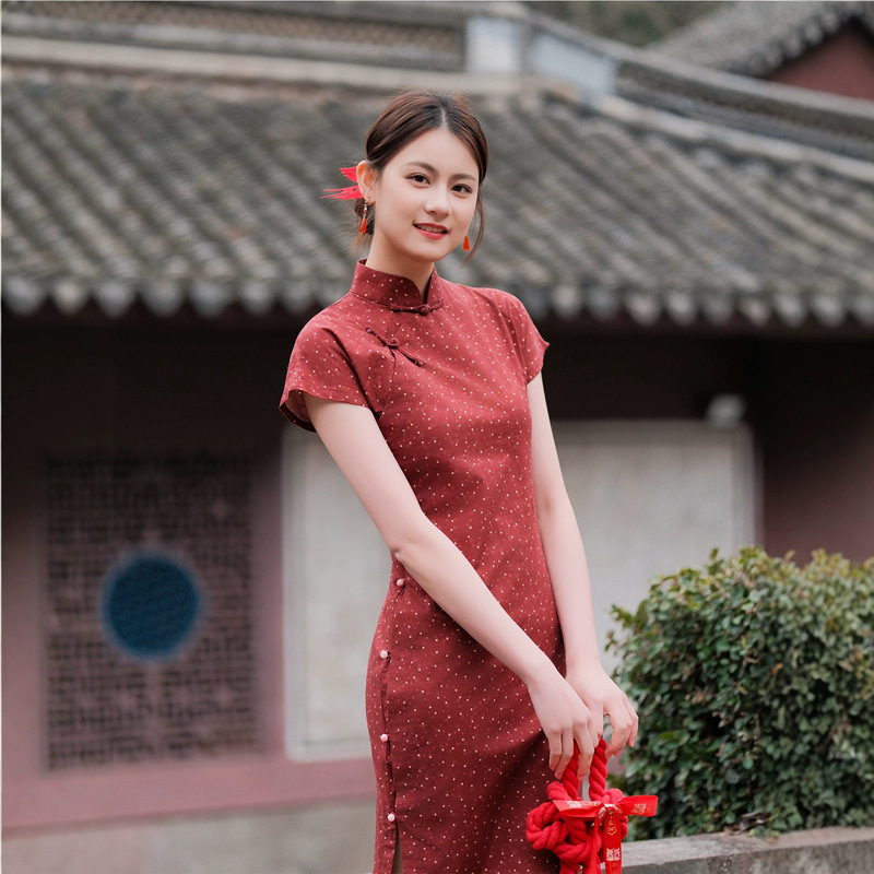 National Style New Chinese-Style Improved Cotton Qipao Summer Young Women's 2026 Full-Open Retro Red Daily Dress