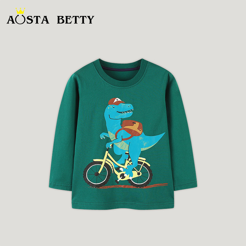 Primavera y otoño para niños camiseta de manga larga estilo europeo y americano dibujos animados dinosaurio impresión chaqueta de cuello redondo para niños camiseta de base